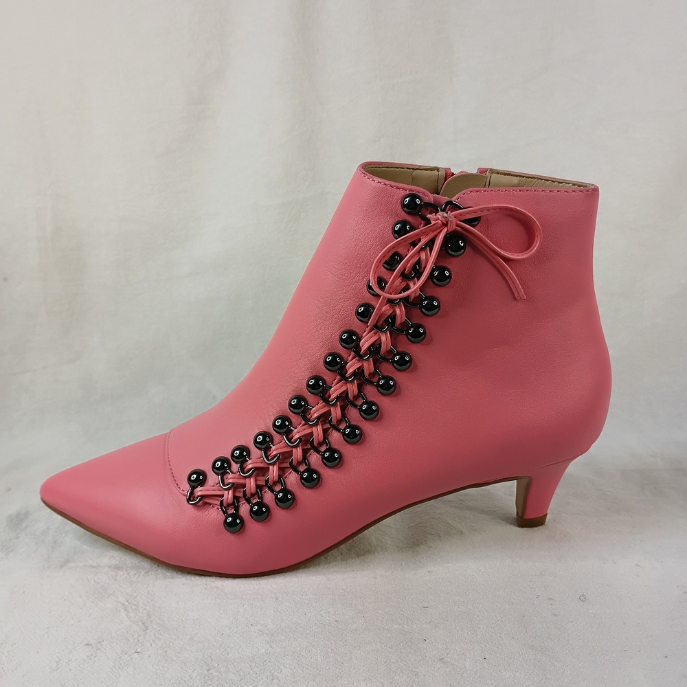 Kurt Geiger London Pink Leather Ankle Boots Kitten Heel Side Lace Beaded 37 US 7